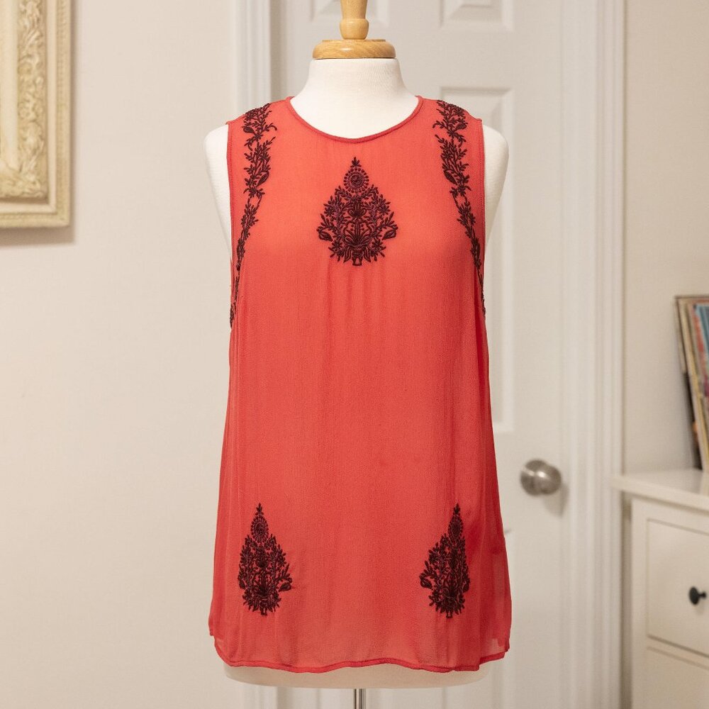 LUCKY BRAND 🍀 Sleeveless Embroidered Sheer Blouse